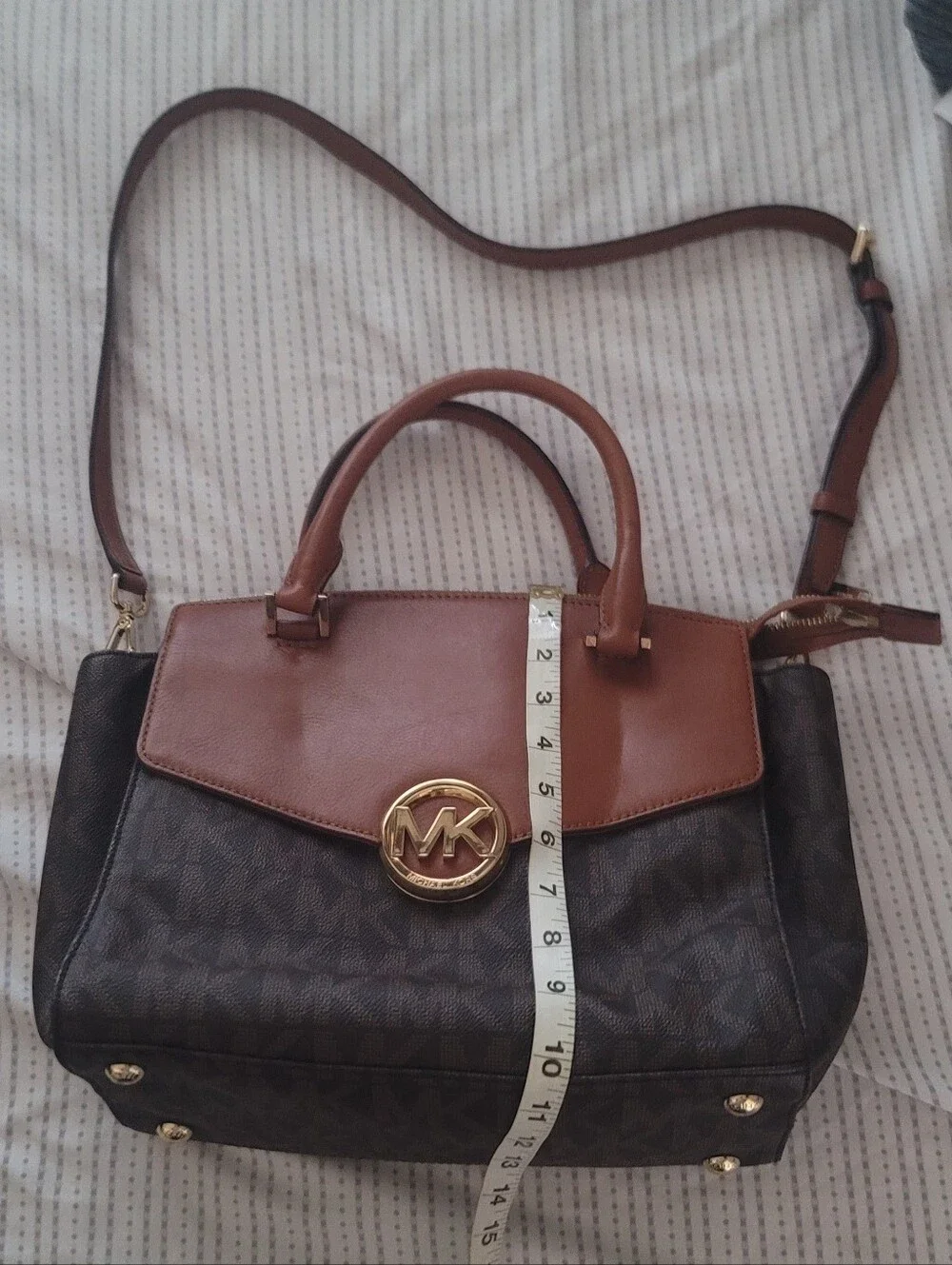 Michael Kors Brown Logo Satchel with Tan Flap and Gold Hardware